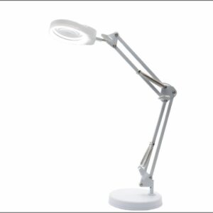 Lampara de Mesa o Escritorio con Lupa. Lente de Cristal X5 de Ø95 mm, Brazo Giratorio, Luz Regulable con 3 Tonos de luz, con Base y Abrazadera. Blanco