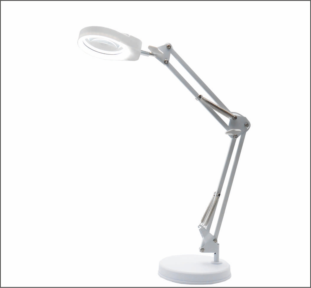 Lampara de Mesa o Escritorio con Lupa. Lente de Cristal X5 de Ø95 mm, Brazo Giratorio, Luz Regulable con 3 Tonos de luz, con Base y Abrazadera. Blanco