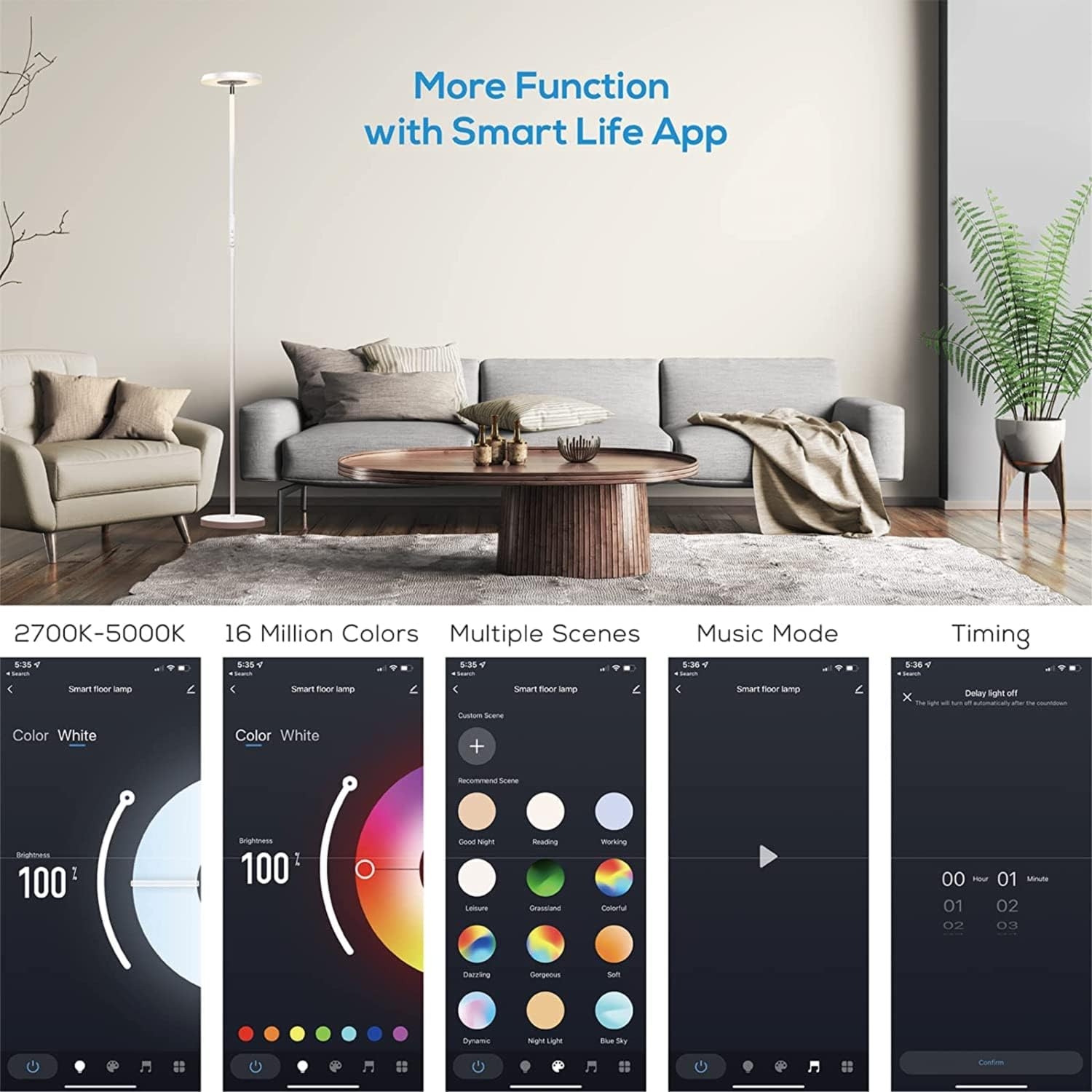 Pie de salón SMART, WI-FI + sensor táctil + APP control, regulable, 3000K- 6000K + RGB 25W, lacado BLANCO MATE - Imagen 9