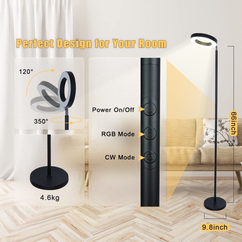 Pie de salón SMART, WI-FI + sensor táctil + APP control, dimable 3000K- 6000K + RGB 42W NEGRO, - Imagen 3