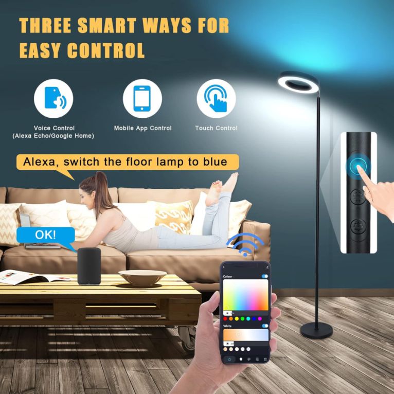 Pie de salón SMART, WI-FI + sensor táctil + APP control, dimable 3000K- 6000K + RGB 42W NEGRO, - Imagen 9