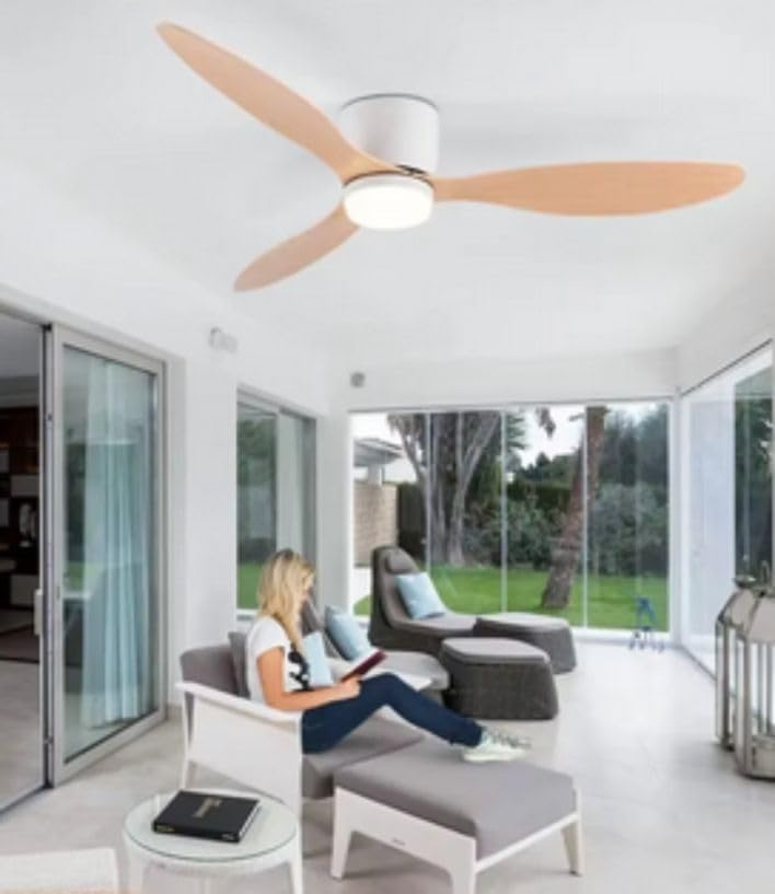 1054 Ventilador de techo con luz, silencioso DC, Blanco y madera, Ø 107cm, - Imagen 5