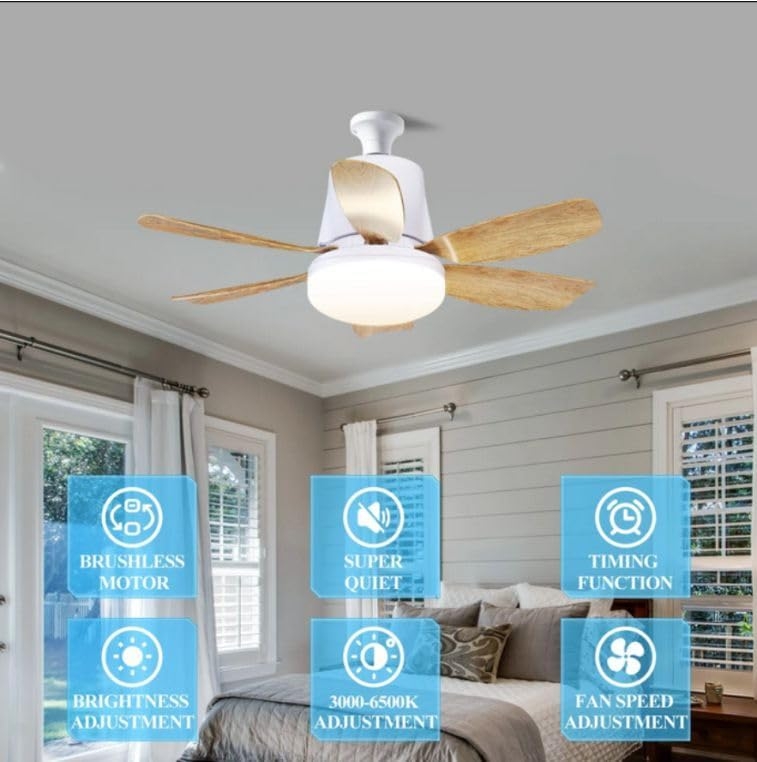 1057 Ventilador de techo con luz, silencioso DC, Blanco y madera, Ø 46cm, E27 - Imagen 8